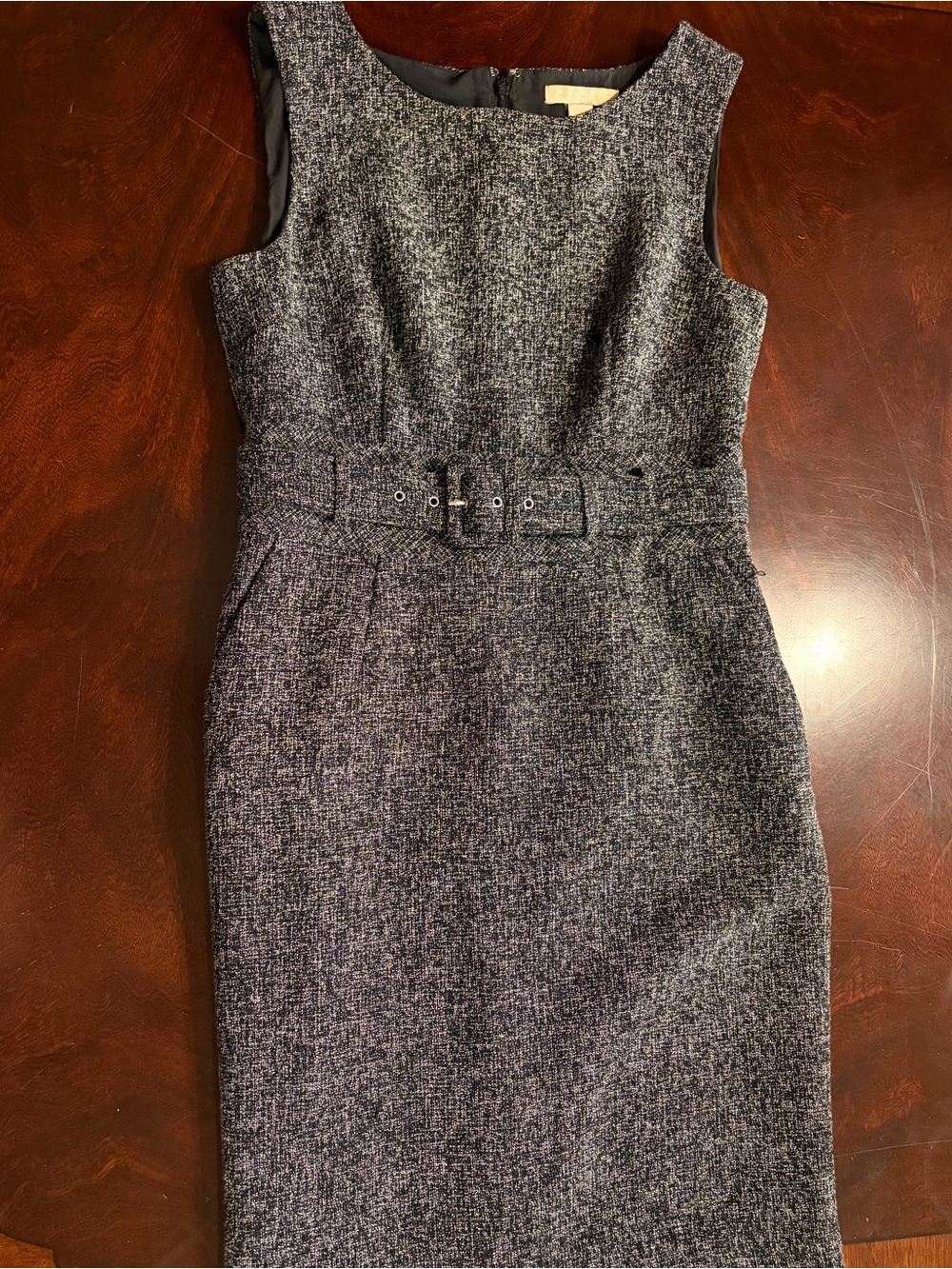 Sleeveless Tweed Belted Sheath Dress